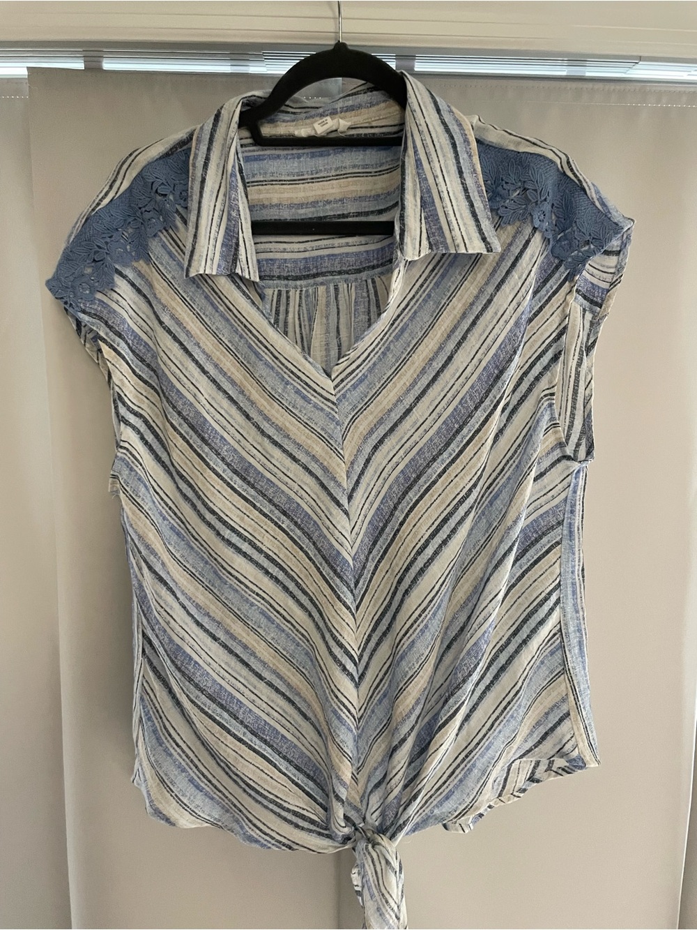 Striped Tie-Front Blouse with Lace Shoulders - Blue/Cream